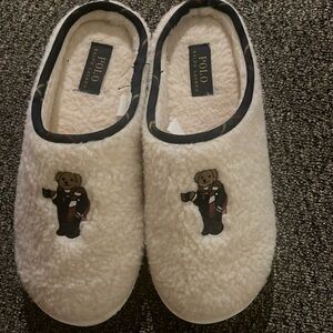 POLO Ralph Lauren Charlotte Scuff Bear Mule Slippers Size 9 Cream Sherpa